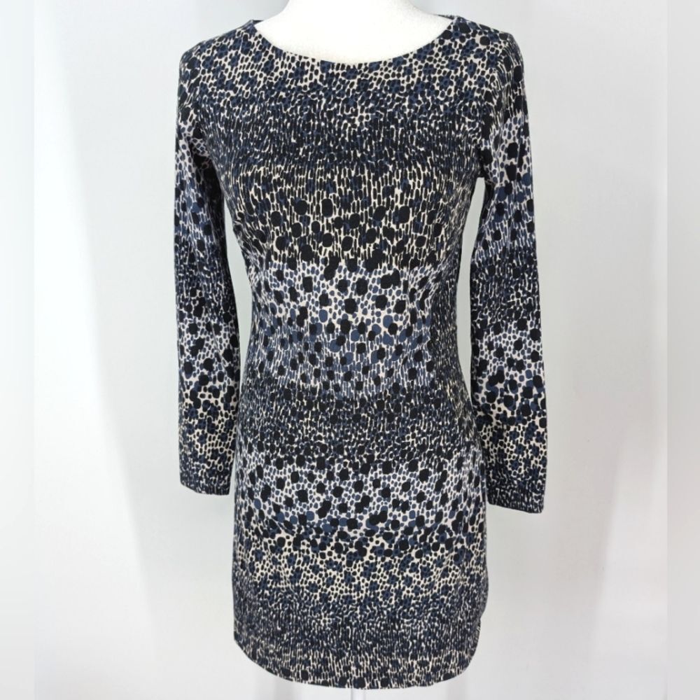 Boden Blue Black Cream Animal Print Cotton Modal Long Sleeve Sheath Dress 6